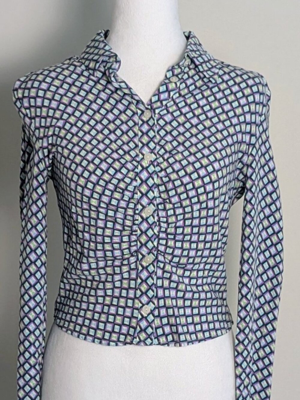 BERSHKA Women's Long Sleeve Button Down Crop Top Blouse Size S  Multi Print